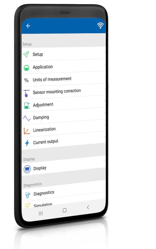 Konfigurationsmeny i OPTICHECK Pressure Mobile app